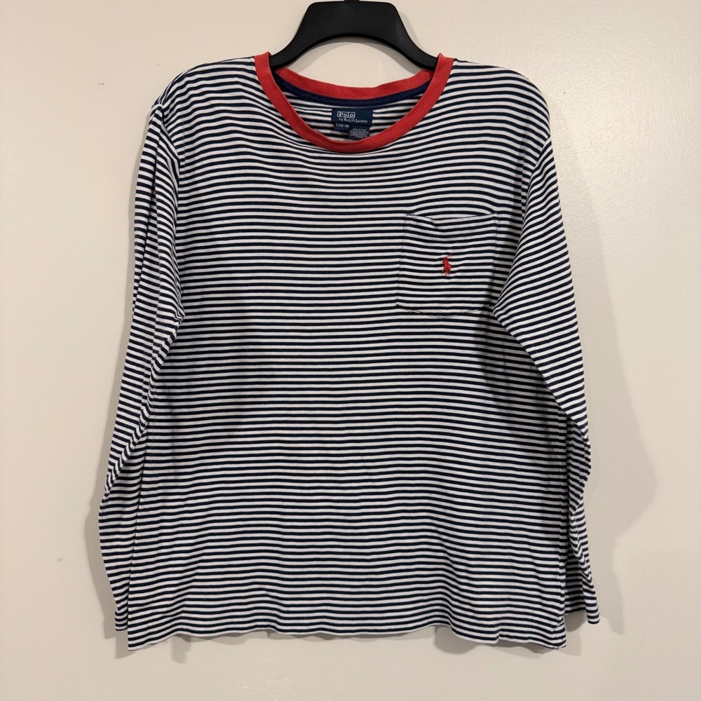 Polo Ralph Lauren Striped Long Sleeve Shirt Womens L 16/18 Navy White Red Pocket